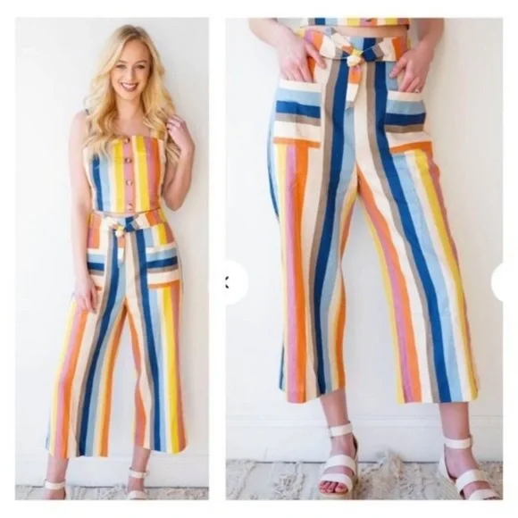 Gilli Colorful Striped Linen Tie High Waist Wide Leg Culotte Pants Size L - Picture 2 of 15